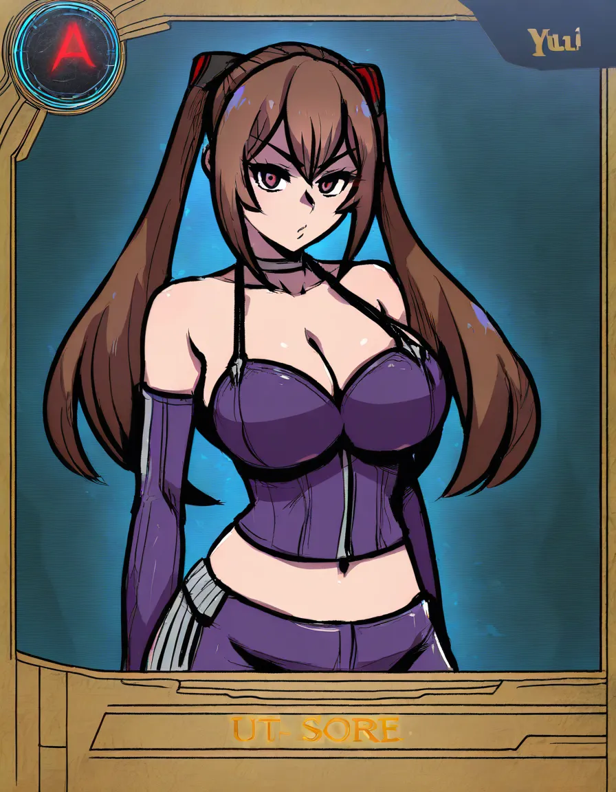 /masterpiece, /ultra_detailed, #akairiot_artstyle, @i:p_masquerena, yu-gi-oh!, 1girl, solo, duel_monster, brown_hair, long_twintails, large_breasts, pout, purple_eyes, crop_top, purple_shirt, midriff, purple_gloves, purple_pants, tight_pants, tail, ass, roller_skates, full_body, standing, looking_back, from_behind, hentai_studio_quality