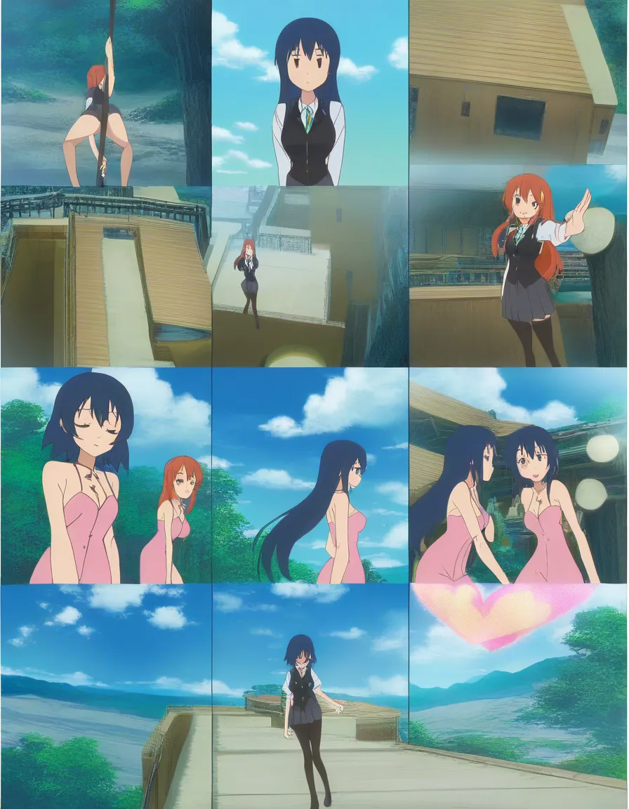 absurdres, highres, 3girls, heart, presenting, tender moment, wide shot, doujin style, (anime style:1.3), 2d, anime screencap, cel shading, flat color