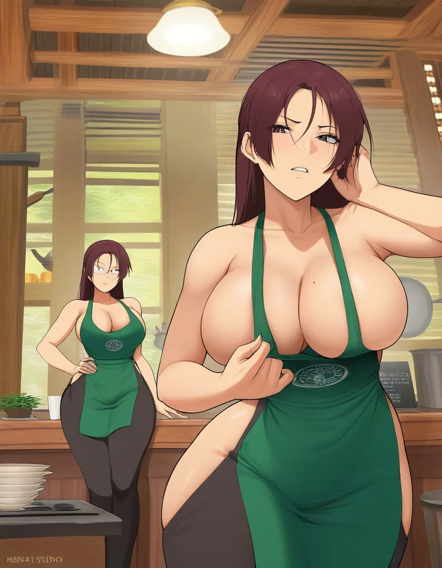 large breasts, barista, nude, apron, revealing_clothes, low cut, wide hips, front fancing, brunette, hentai_studio_quality