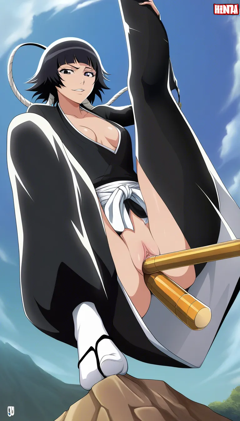 Studio quality, sharp focus , from_below foot_focus , @Sui-Feng_(Bleach) , clothed_female revealing_clothes has double_penetration, hentai_studio_quality