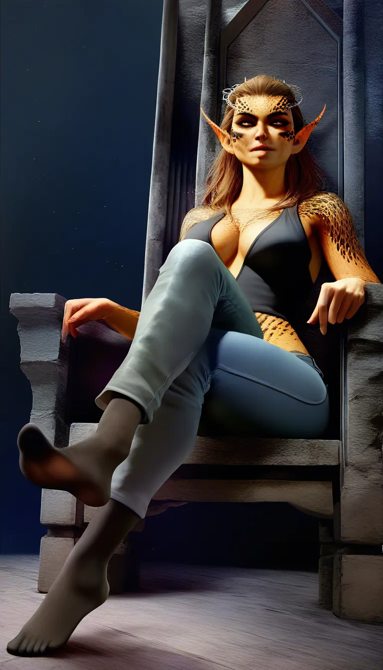 Studio quality, sharp focus , from_below foot_focus , sitting on a Throne @lae'zel_(baldur's_gate_3) black_tank_top tight_jeans socks soles , crossed_legs , looking_at_viewer , photorealistic, score_9, score_8, candid photo , realistic skin texture, hentai_studio_quality