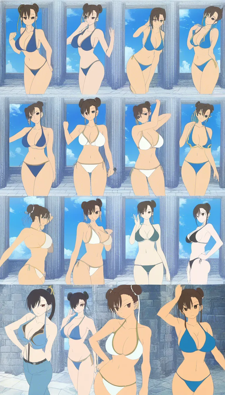 @shiranui_mai bikini and @chun-li bikini, (anime style:1.3), 2d, anime screencap, cel shading, flat color, @00osamio00
