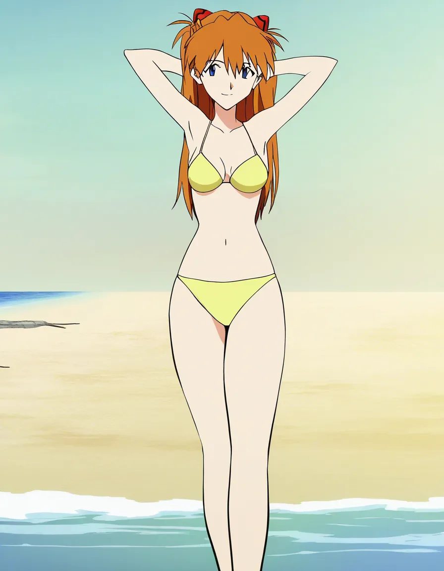 @souryuu_asuka_langley, yellow_bikini, smile, standing, arms_behind_head, BREAK, beach, (anime style:1.3), 2d, anime screencap, cel shading, flat color