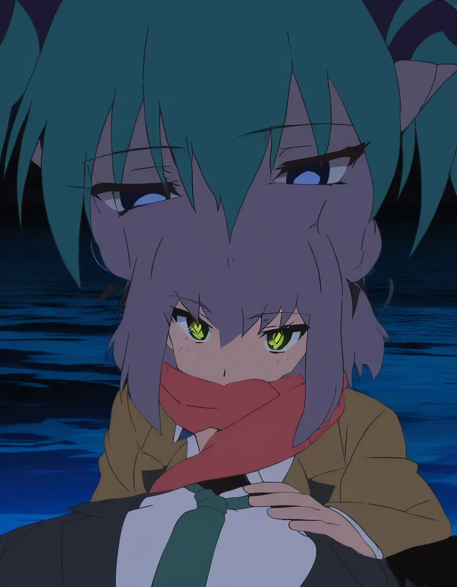 ultra detailed shading, age_difference, scarf, office wear, blowjob, ocean, vivid anime colors, demon_girl, (anime style:1.3), 2d, anime screencap, cel shading, flat color, @00osamio00