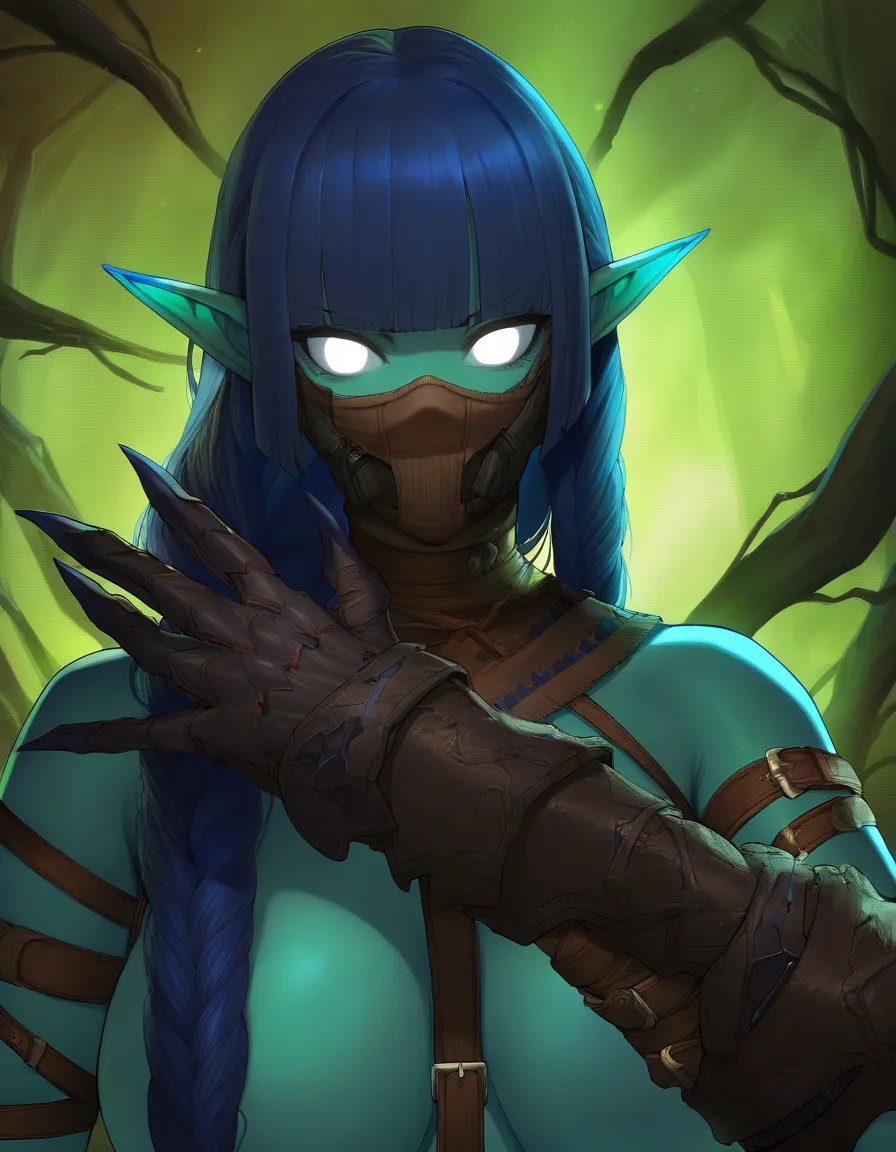 highly detailed, sharp, 1girl, detailed shading, Green skin, large glowing white eyes, simplified facial features, dark face mask, long pointed elf-like ears, bright blue hair, thick swept fringe, chunky bangs, long braided ponytail, loose hair tuft, oversized dark brown leather gauntlets, broad wrist straps, gold rectangular buckles, gold triangular studs, standing, nude, fantasy rogue style, agile fighter appearance, eye_contact, petite, curvy, hentai_studio_quality