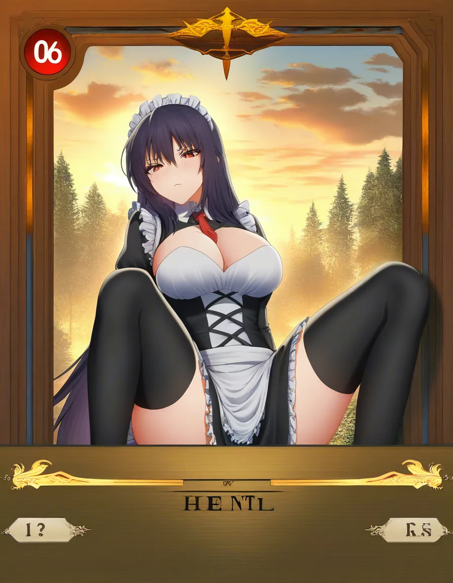 absurdres, highres, maid, thighhighs, cocktail dress, spread legs, cloud, visual novel art, hentai_studio_quality