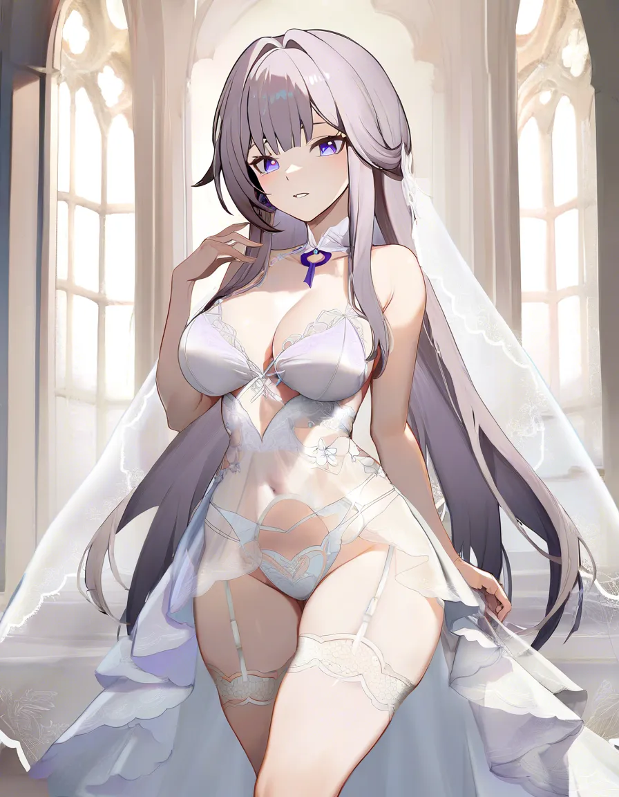 masterpiece, best quality, the herta (honkai: star rail), the herta, 1girl, solo, adult, mature,
long hair, very long hair, grey hair, purple eyes,
white lingerie wedding dress, sexy wedding dress, sheer lace, bridal lingerie, see-through, lace, frills,
garter belt, stockings, thighhighs,
standing, trembling legs, shaky legs, weak legs, cock in pussy, sweat, flushed, messy hair, ahegao, heavy breathing,
detailed legs, seductive, tired expression,
huge breasts, spread legs, breast curtains, large breasts, hentai_studio_quality, hentai_studio_quality