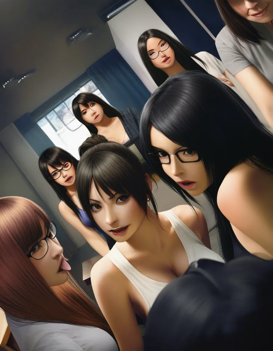 dslr, film grain, photorealistic, dutch angle, 5girls, blowjob, glasses, hyperrealistic lots of spit, hentai_studio_quality