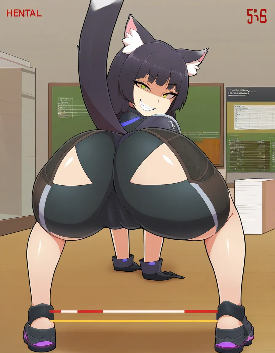 masterpiece, best quality, catgirl, black gloves, presenting, teasing grin, POV,, hentai_studio_quality