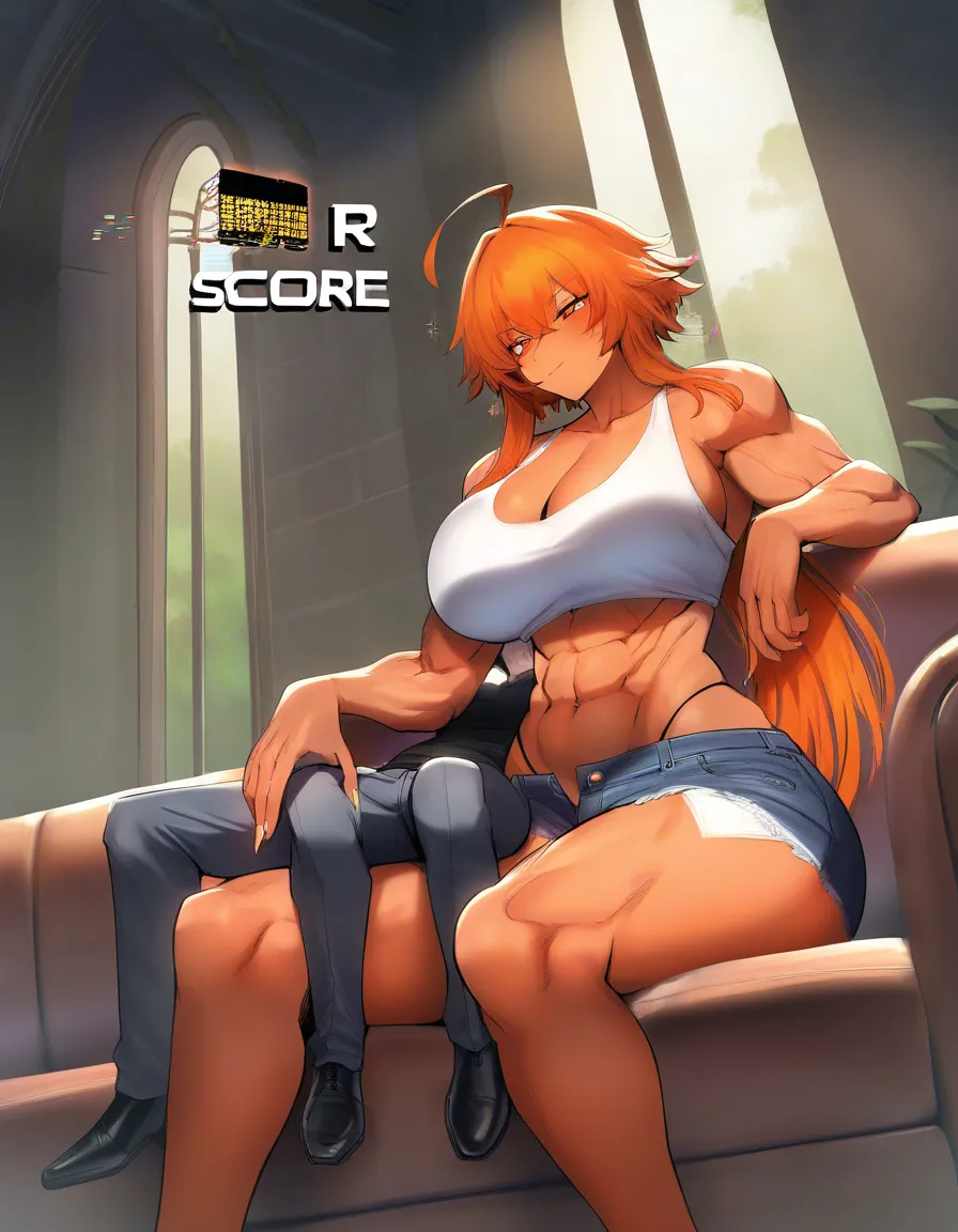 Giant muscular_female, petite male, adults, extreme size_difference, huge height_difference, female orange_hair short_hair_with_long_locks , female sitting on_couch , shirt, female crop_top denim_shorts , femdom , assertive_female , male sitting_on_lap, intimate, teasing, dominant female looking_at_another, nervous blush male looking_up , male black medium_hair, female abs, female big biceps, female big shoulders, female thick_thighs, female huge_ass, female wide_hips, huge_breasts, gigantic tall female, bulging nipples, male bulge, male narrow_waist, lightweight male, domination, eye_contact, hentai_studio_quality