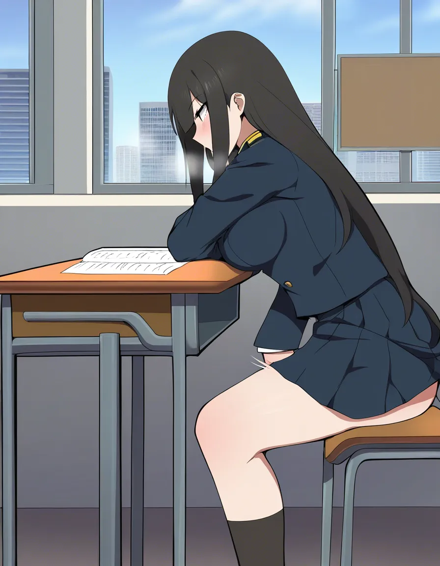 Stealth_masturbation, public_indecency, no_panties, black_hair, school_uniform, school_desk, hentai_studio_quality