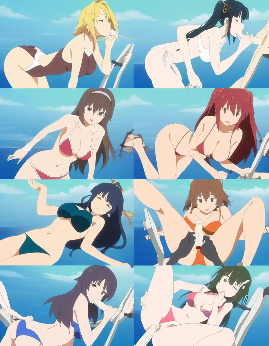 highres, vivid, 6+girls, swimsuit, blowjob, hentai style, (anime style:1.3), 2d, anime screencap, cel shading, flat color