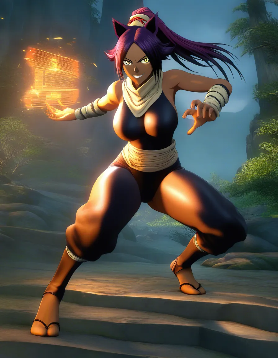 2K, 3D render, @shihouin_yoruichi, cat_ears, looking_at_viewer, facial, evil_smile, hentai_studio_quality