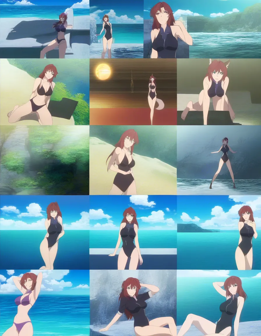 ultra detailed shading, mature female, animal ears, shorts, kneeling on bed, ocean, vivid anime colors, (anime style:1.3), 2d, anime screencap, cel shading, flat color