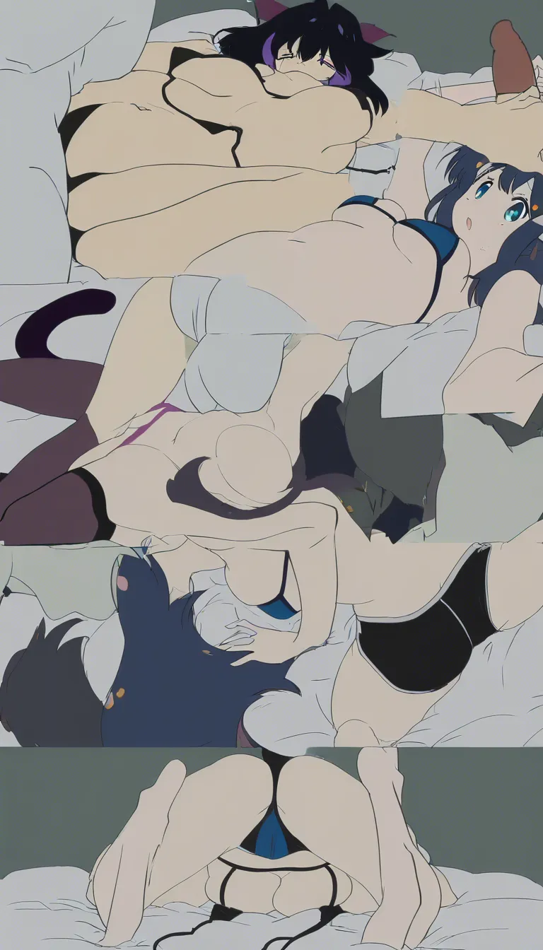 A white slightly chubby anime girl wearing a bikini bra and black short shorts, laying on back in bed in a sultry pose, slowly and sensually caressing her visibly rumbling stomach with one hand and fingering her navel with the other. From a top view perspective, the camera slowly zooms in on her stomach.