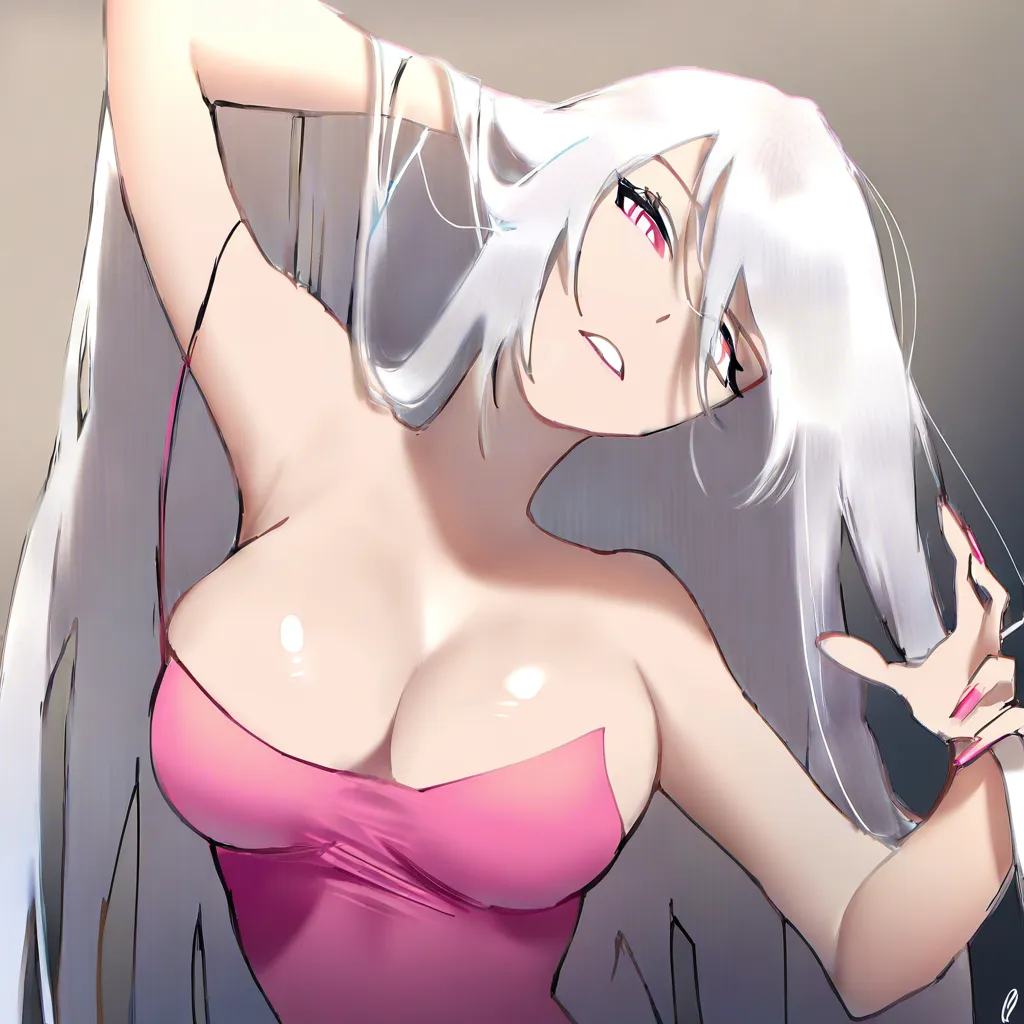 masterpiece, best quality, highly detailed, anime style, 1girl, adult woman, Hanny,
pure white hair with very light pinkish tones, hair completely combed straight back and free, extremely long hair, exactly two neat strands falling in front of her face and reaching down to her chest, bright pink eyes, clear cross-shaped scar right in the center of her forehead, large heavy breasts, slim waist, large plump ass, completely nude,
Hanny on all fours in doggy style, being fucked hard from behind by a large thick black erect penis, the black cock fully buried deep inside her, clear and prominent stomach bulge showing the outline of the cock pushing against her belly from the outside, extreme penetration, Hanny with intense hentai ahegao expression (eyes rolled back, tongue out, drooling, flushed cheeks), arched back, detailed skin, detailed genitals, detailed scars, detailed hair, erotic, clean lineart, soft shading, white background, hentai_studio_quality