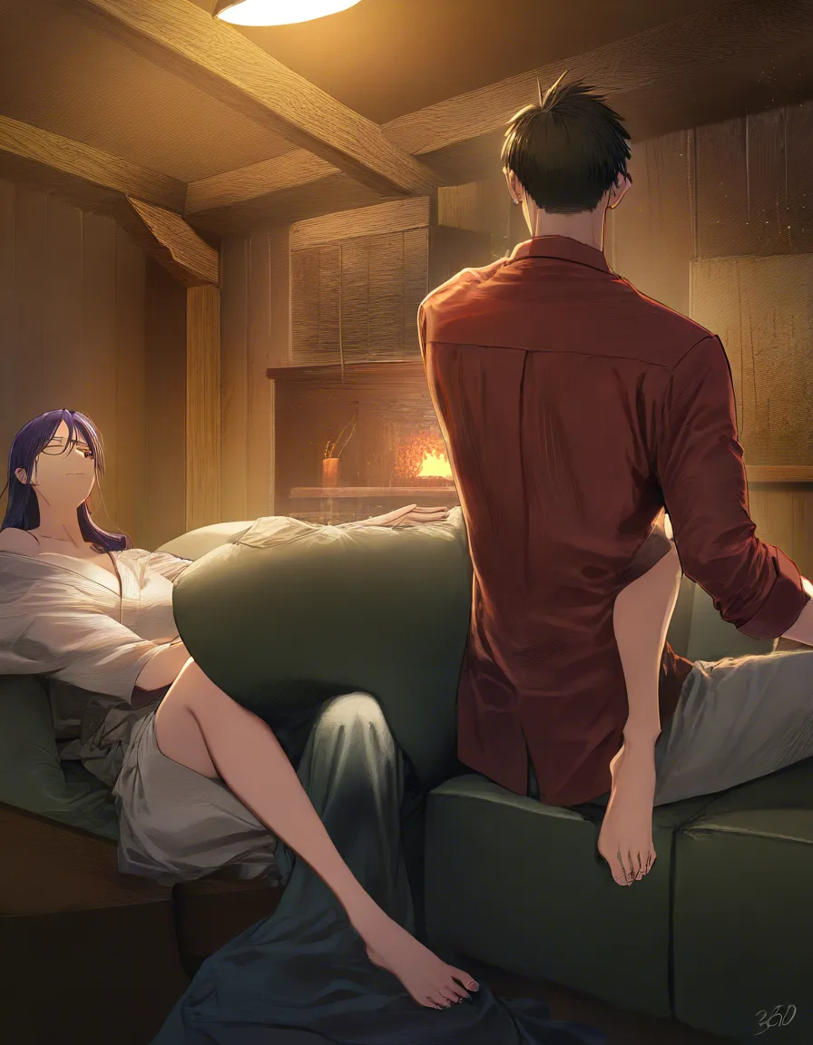 In a wooden house in a room on a sofa sits a dressed and shod husband of 40 years old, at the other end of the sofa sits a dressed and shod man - a neighbor of 63 years old, In front of them stands the husband's wife, 30 years old, barefoot, with red hair gathered in a bun, and dressed in a short A sundress with a slit without panties and a bra undresses and dances a striptease for them., hentai_studio_quality