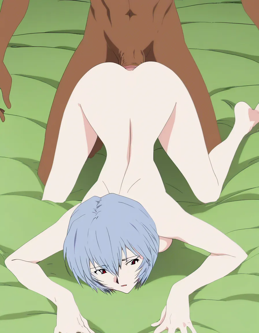 @ayanami_rei, futanari, white_skin, completely_nude, on_bed, from_behind, all_fours, interracial, 1boy, anal, (anime style:1.3), 2d, anime screencap, cel shading, flat color, @00osamio00