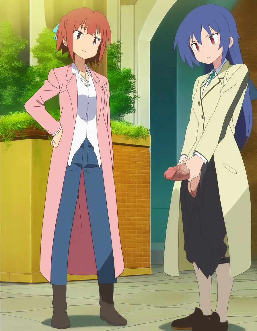 age_difference, 2girls, futanari, futa_with_female, (anime style:1.3), 2d, anime screencap, cel shading, flat color