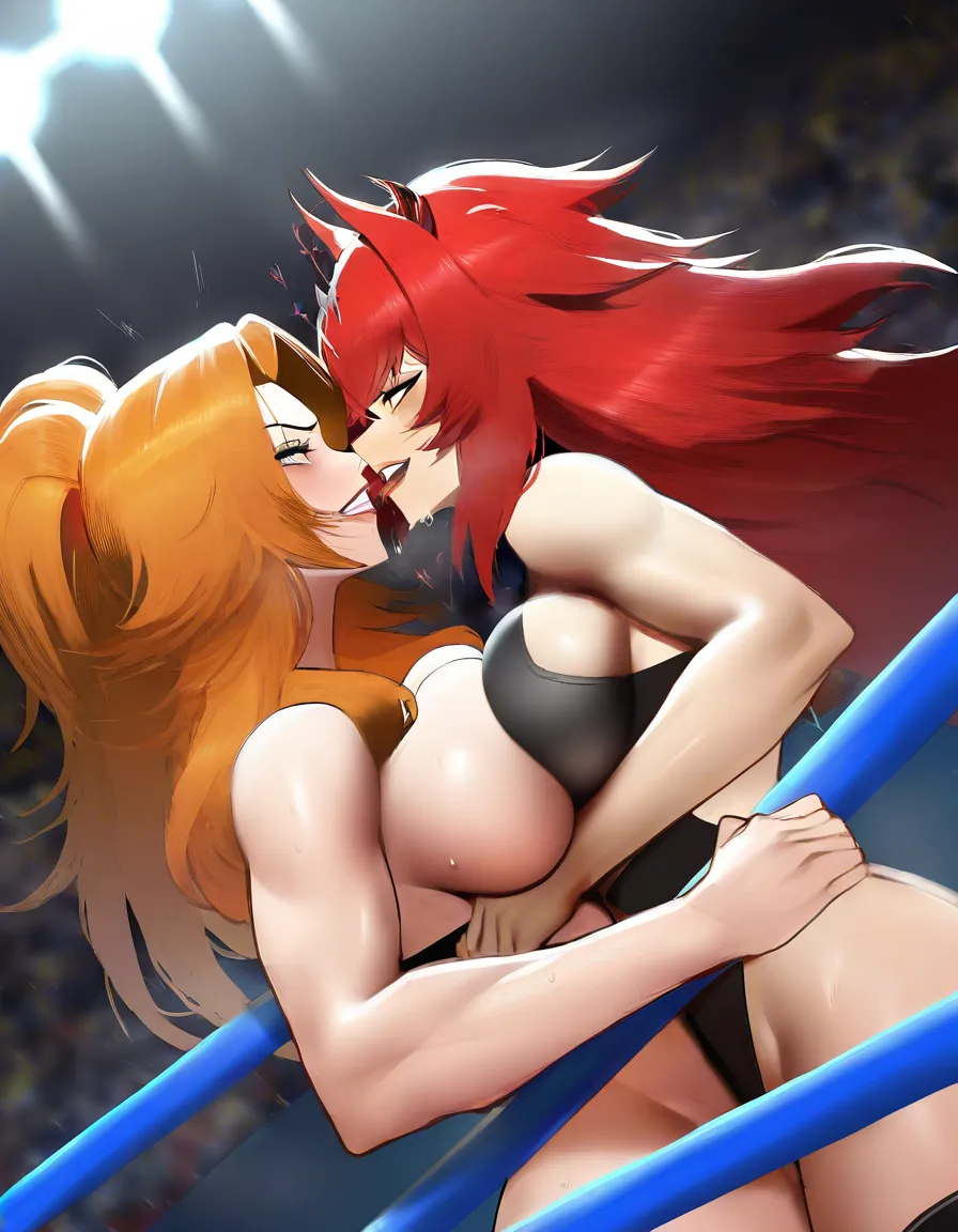 2girls , Best_quality, ultra_detailed, @zentreya_(vtuber)-red_hair-dragon_horns , @matsumoto_rangiku , yuri sex ,wrestling_ring wrestling , eye_contact breast_press from_side, standing, cocky_smile,, hug, hentai_studio_quality, hentai_studio_quality