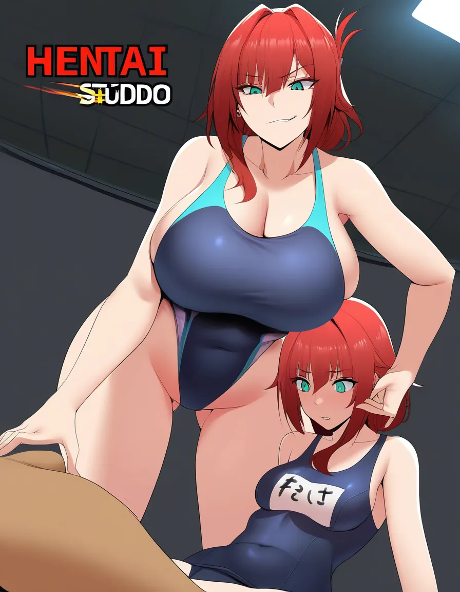 full_body , school_swimsuit , red_hair , tall female, looking_down , aqua_eyes , curvy , smirk . "My eyes are up here", hentai_studio_quality