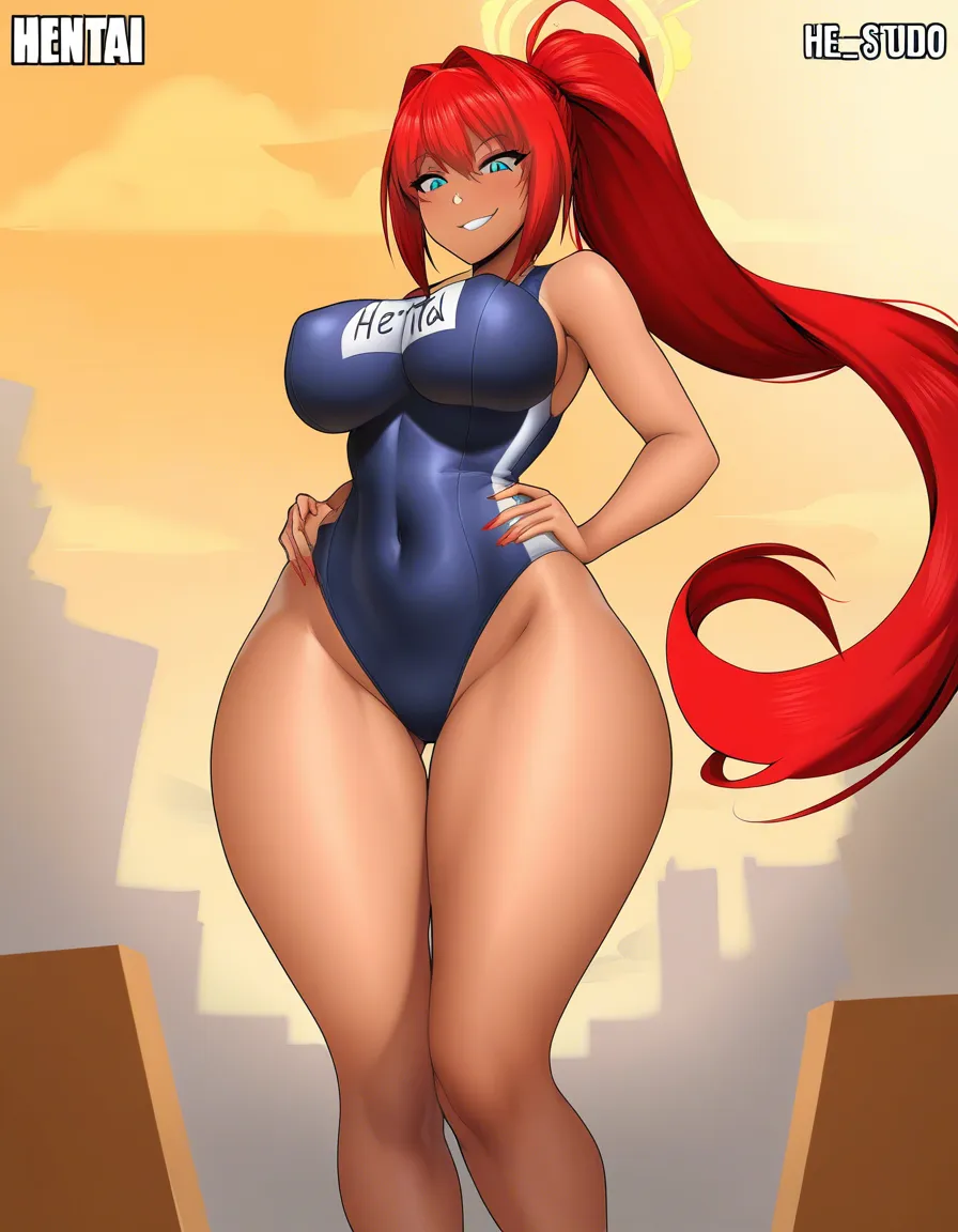 full_body , school_swimsuit , red_hair , tall female, looking_down , aqua_eyes , curvy , smirk . girl saying "My eyes are up here",, hentai_studio_quality