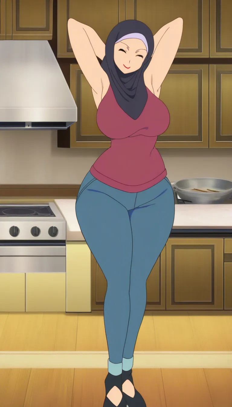 mother, armpit, slutty hijab, closed eyes, kitchen,full body, happy, sleeveless shirt, high graphic, closed mouth,red lips, big hips, transparent all clothes, (anime style:1.3), 2d, anime screencap, cel shading, flat color