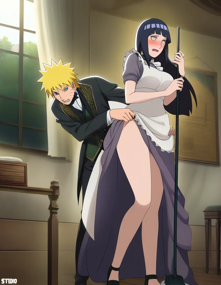 Naruto Uzumaki, standing, grabbing_from_behind, Victorian suit, @hyuuga_hinata, long_hair, Victorian Maid, embarrassed, standing, open_clothes, cleaning, Victorian room, window, hentai_studio_quality