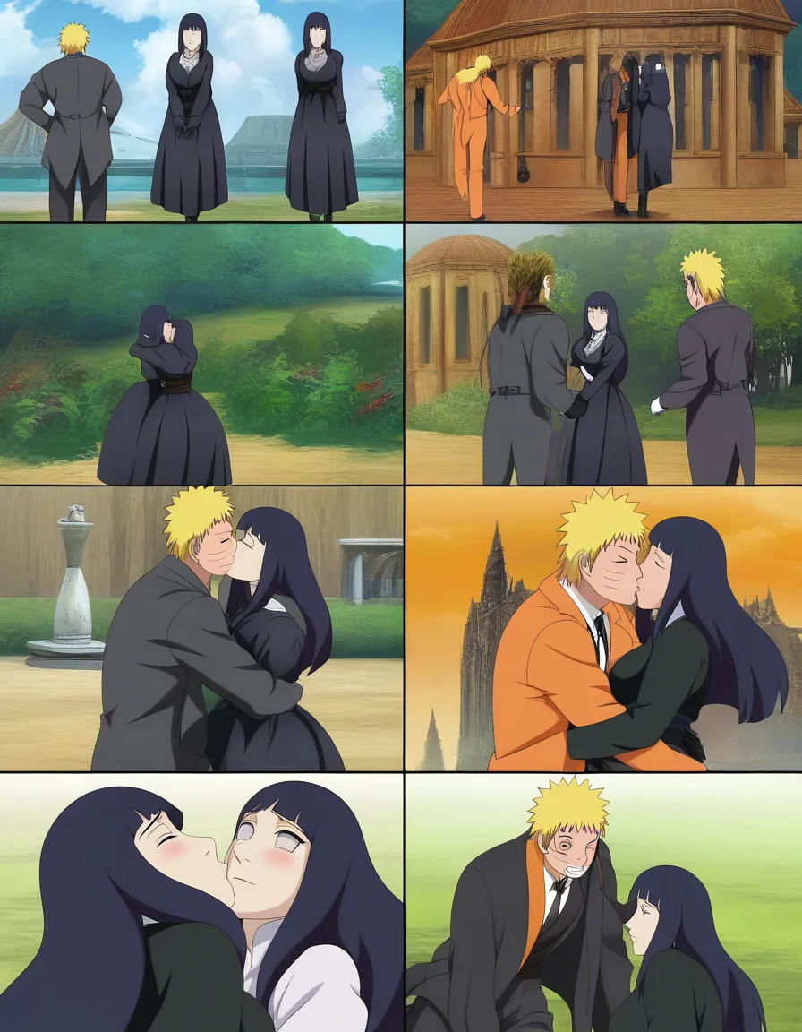 Naruto Uzumaki, Victorian suit, @hyuuga_hinata, long_hair, Victorian black dress, kiss, hug, Victorian park, hentai_studio_quality