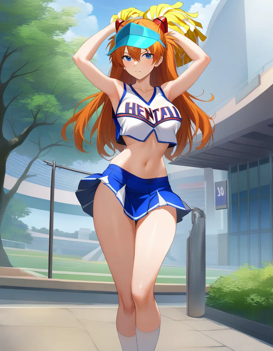 /masterpiece /ultra_detailed /highres @souryuu_asuka_langley #cheerleader #outdoors, hentai_studio_quality