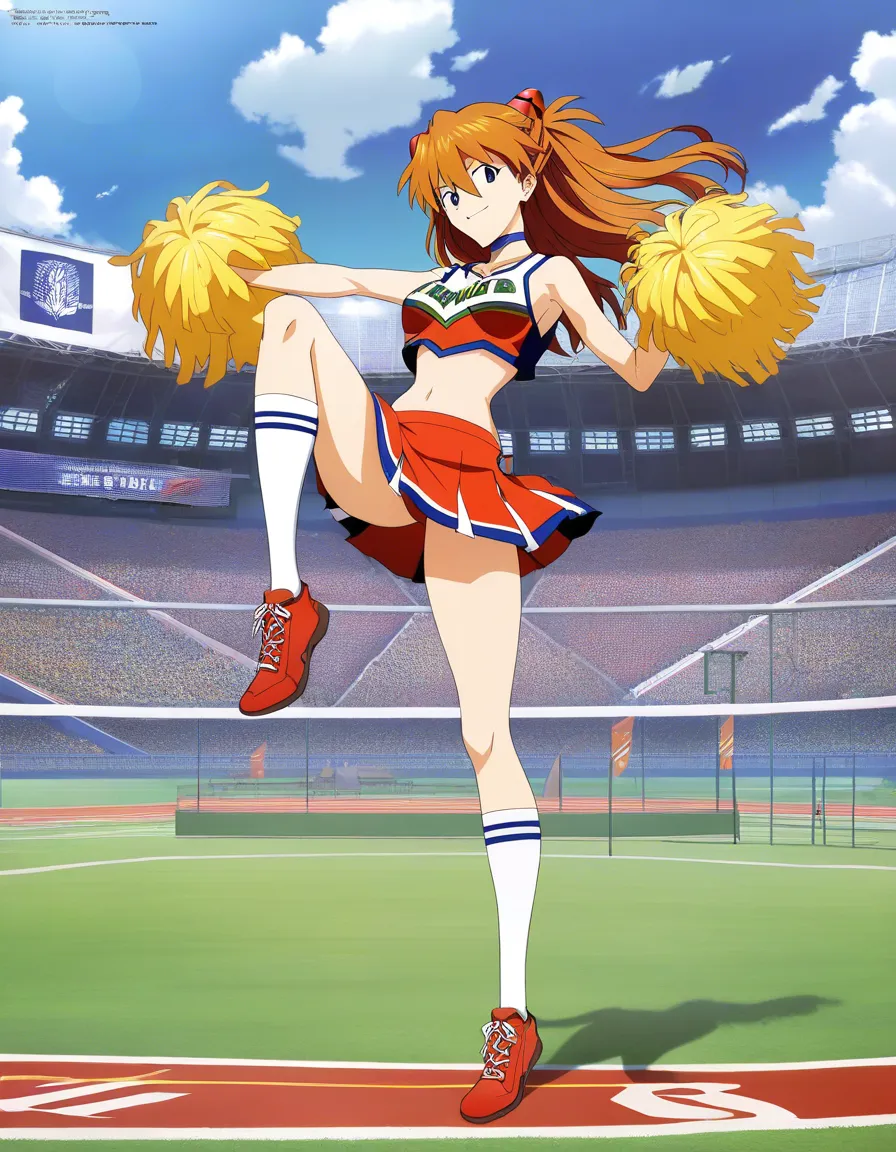 /masterpiece /ultra_detailed /highres @souryuu_asuka_langley #cheerleader #outdoors #split #smile, hentai_studio_quality