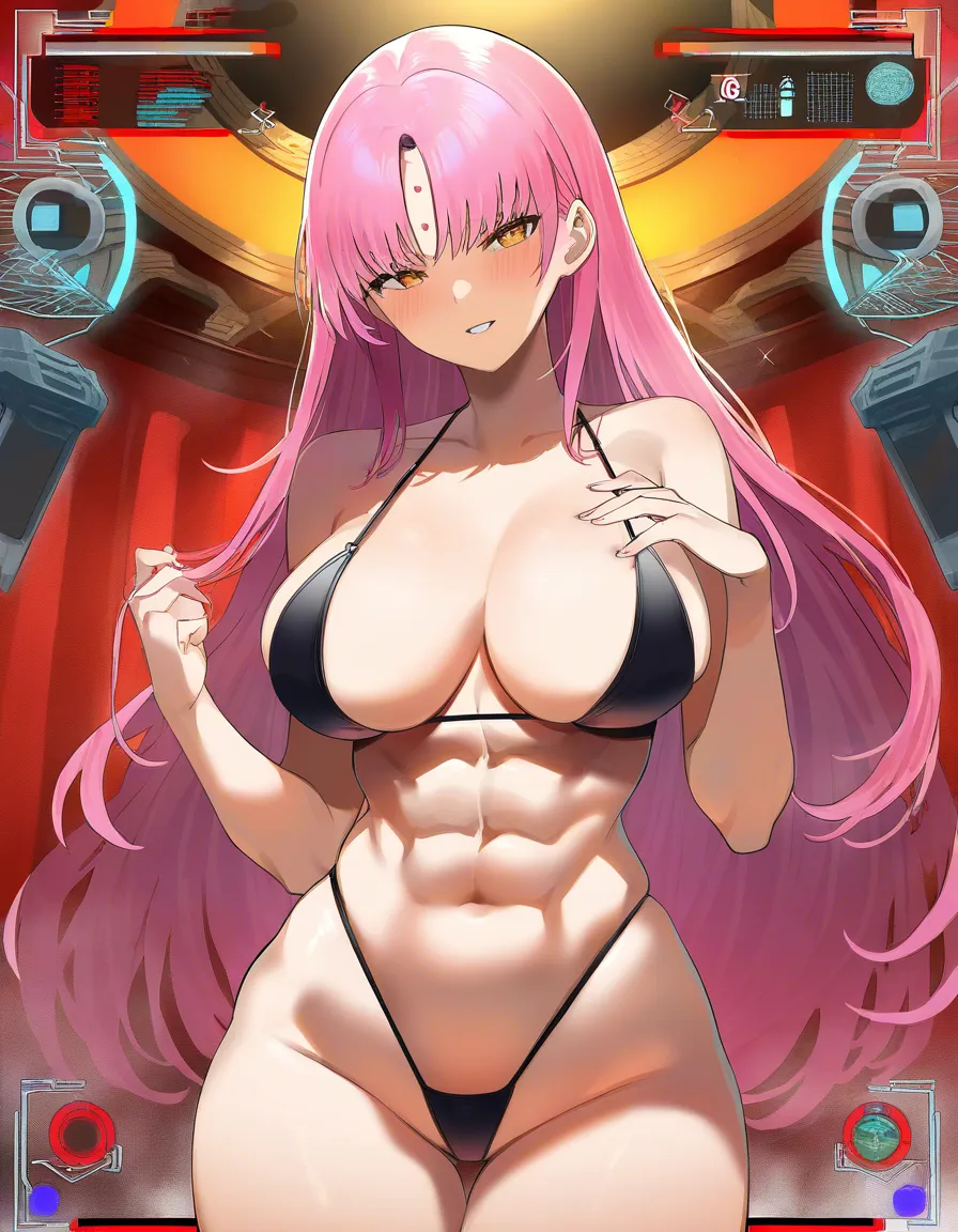 Kiara, (full tan,) masterpiece, highres,  (black micro_bikini, highleg_panties, thong, string_bikini, micro-triangle_bikini_top) athletic, abs, (rose pink_hair, medium_hair, straight_hair, bare forehead, hair_behind_ear) royal purple_eyes, (straight-on, full_body, (small_breasts,) (1girl, solo, standing, arms_at_sides, legs_apart), (beach, crashing waves), partially_visible_vulva,, (anime style:1.3), 2d, anime screencap, cel shading, flat color