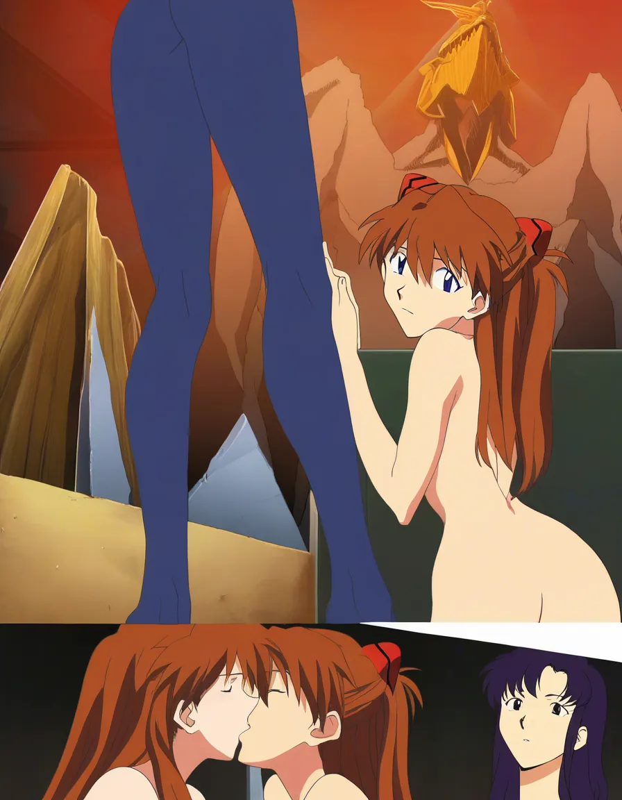 @katsuragi_misato, completely_nude, @souryuu_asuka_langley, hug, standing, french_kiss, (anime style:1.3), 2d, anime screencap, cel shading, flat color