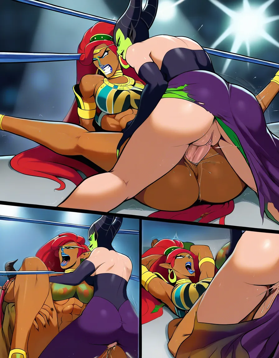2girls_focus , maleficent , urbosa , wrestling , wrestling_ring , catfight , strapless , orgasm , ahegao , yuri , sex, pussy_juice, defeated, face_fuck, hentai_studio_quality