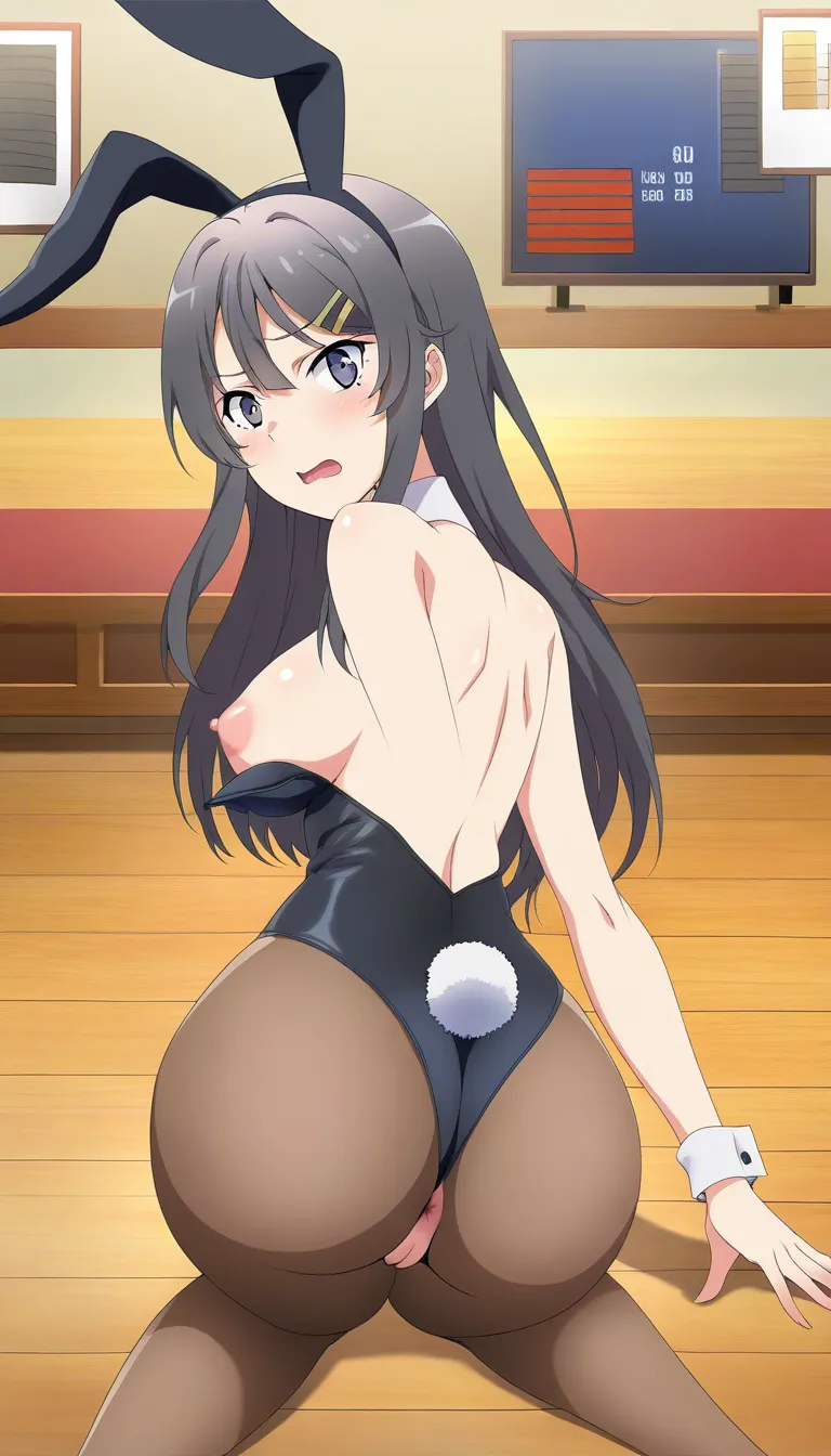 Mai Sakurajima from Seishun Buta Yarou wa Bunny Girl Senpai no Yume wo Minai , sits on the floor, sits on his butt, bunny costume, nipples, pussy, hentai_studio_quality