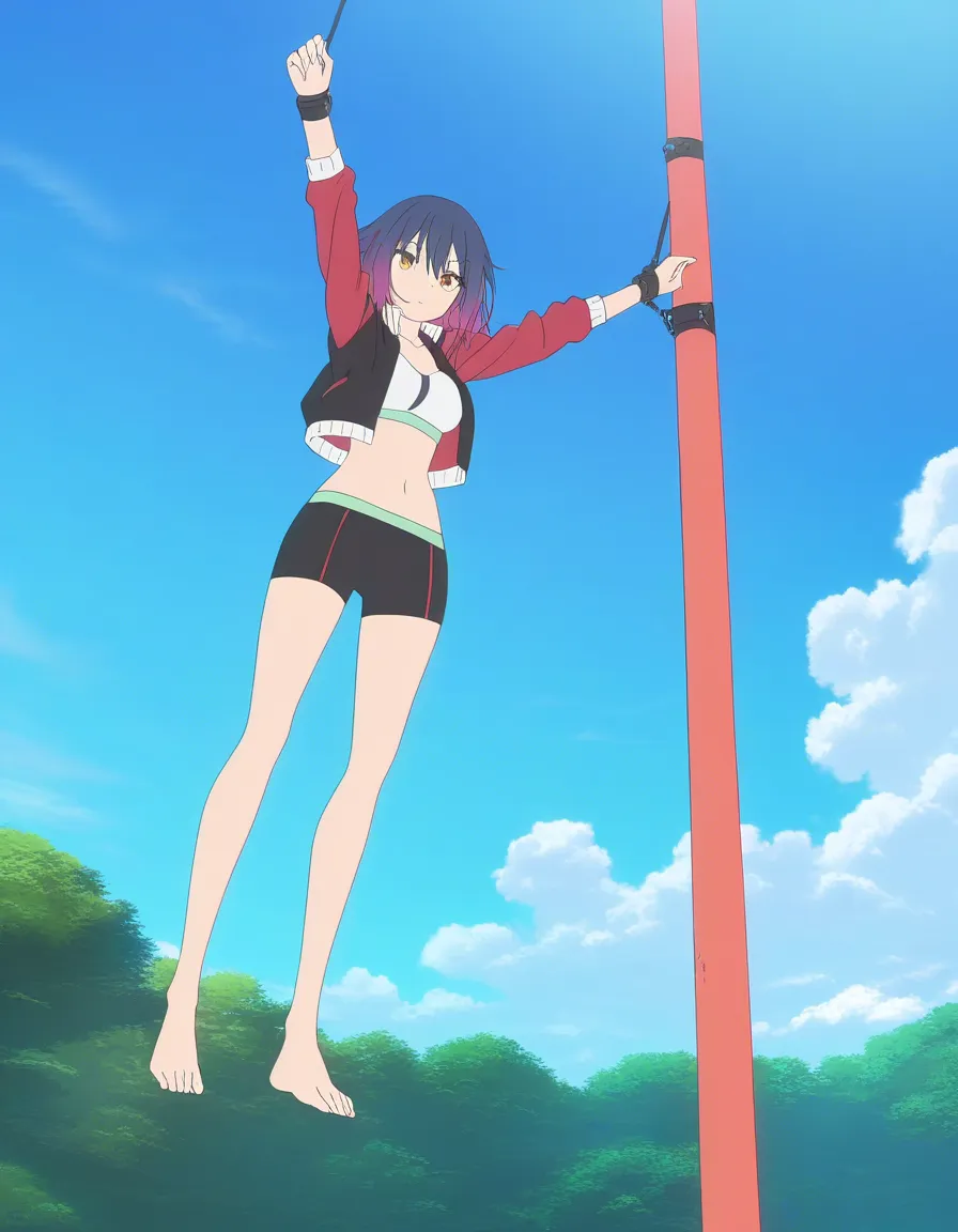 best quality, clean lines, fitness model, toes, gradient hair, jacket, bondage, cloud, low angle, clean lineart, (anime style:1.3), 2d, anime screencap, cel shading, flat color