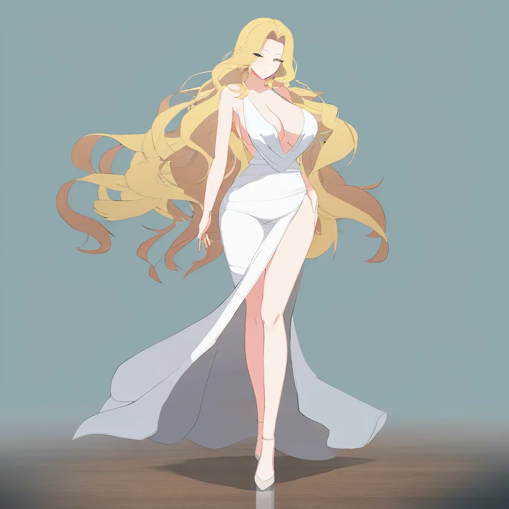 masterpiece, best quality, ultra-detailed, 8k uhd, anime style, 1girl, mature female, milf, beautiful detailed face, seductive smile, half-closed eyes, long blonde hair, wavy hair, hair flowing in wind, standing, full body, white dress, greek goddess dress, flowing white gown, toga, see-through silhouette, holding flower, white lily, lily stems in both hands, elegant pose, marble pergola, ancient greek architecture, white columns, winding branches, lily leaves, garden background, soft lighting, cinematic composition, depth of field, detailed background, ethereal atmosphere MTVKSNSOSSBOLUQK, hentai_studio_quality