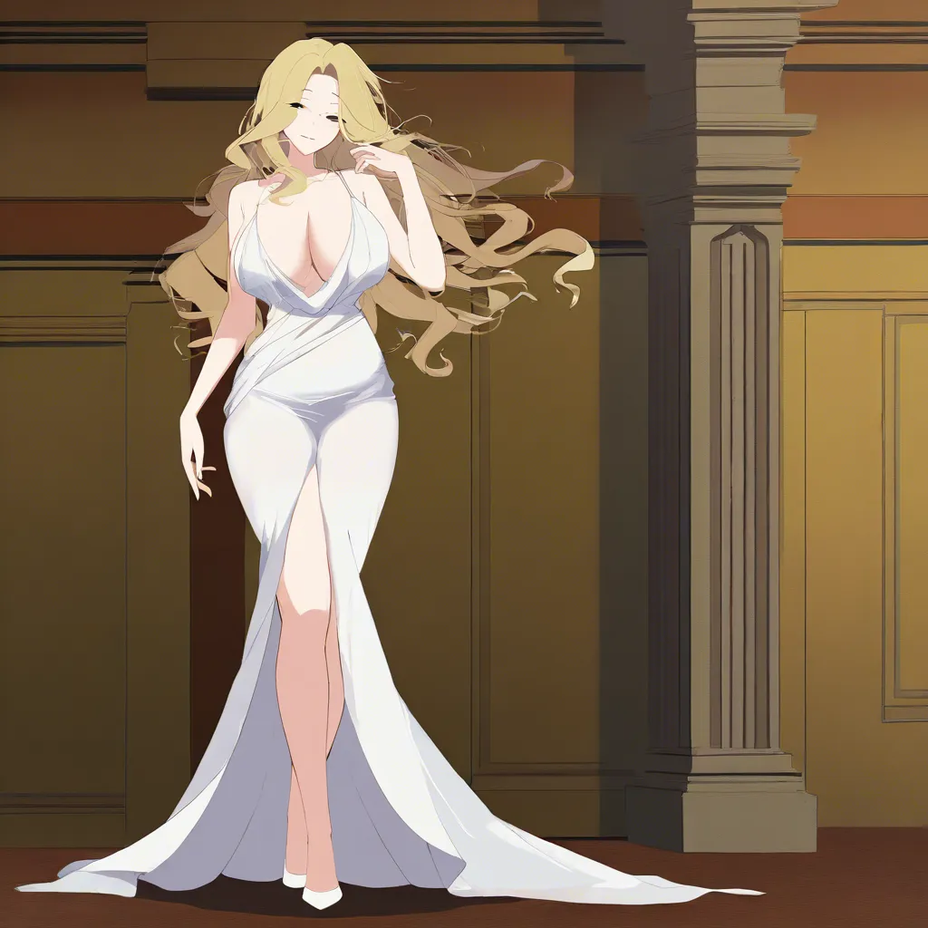 masterpiece, best quality, ultra-detailed, 8k uhd, anime style, 1girl, mature female, milf, beautiful detailed face, seductive smile, half-closed eyes, long blonde hair, wavy hair, hair flowing in wind, standing, full body, white dress, greek goddess dress, flowing white gown, toga, see-through silhouette, holding flower, white lily, lily stems in both hands, elegant pose, marble pergola, ancient greek architecture, white columns, winding branches, lily leaves, garden background, soft lighting, cinematic composition, depth of field, detailed background, ethereal atmosphere YSCPREWZTMPTZDIT, hentai_studio_quality