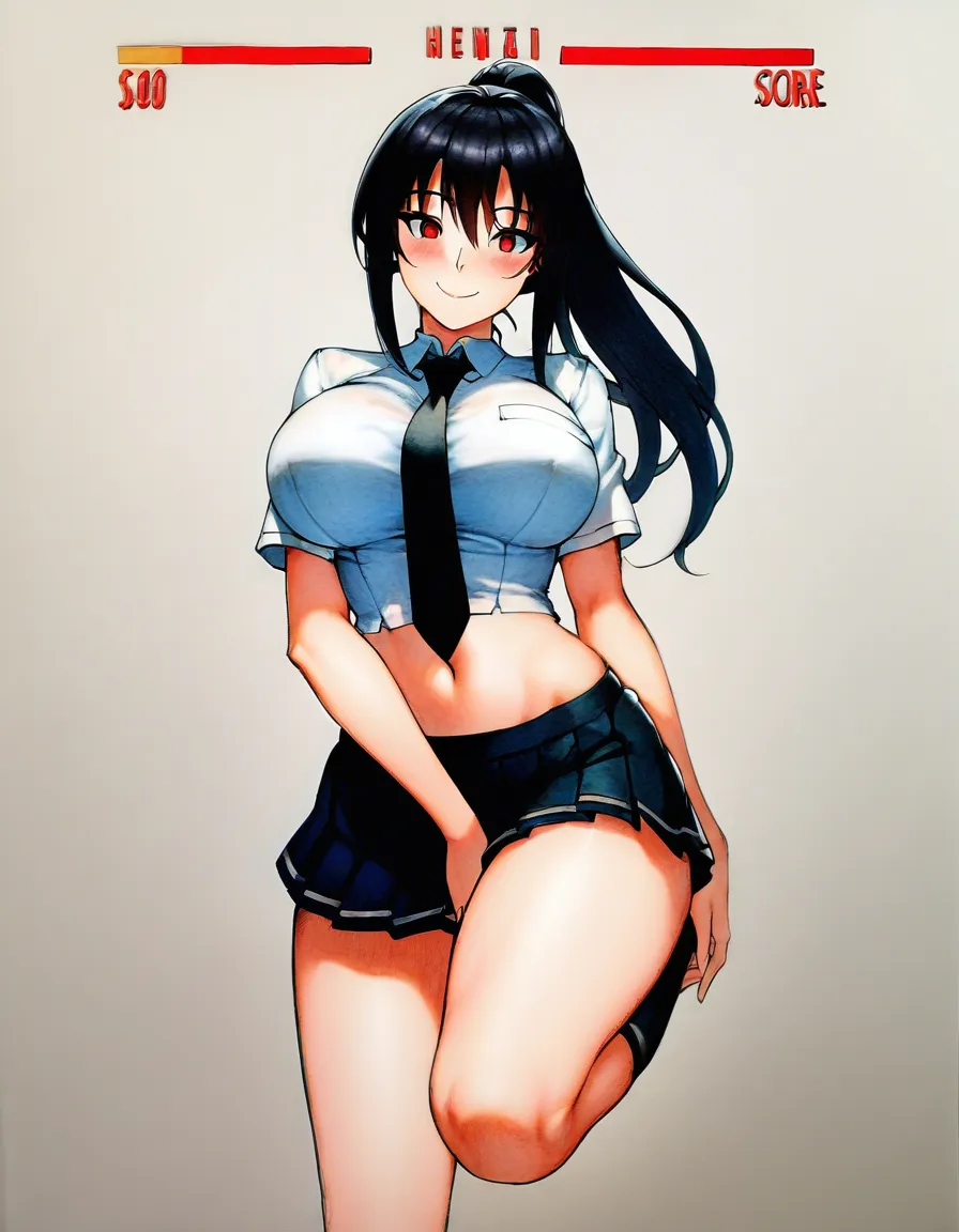 1girl, breasts, black hair, skirt, navel, large breasts, long hair, traditional media, solo, midriff, necktie, smile, ponytail, pleated skirt, blush, miniskirt, black necktie,, hentai_studio_quality