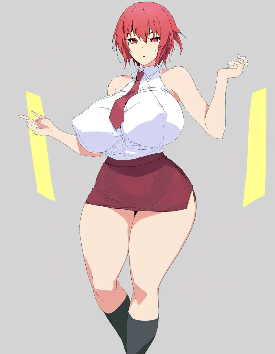 1girl, breasts, solo, huge breasts, necktie, skirt, short hair, wide hips, curvy, red eyes, socks, oekaki, red hair, pink hair, bare shoulders, shirt, thick thighs, thighs, standing, covered nipples, miniskirt, questionable, hentai_studio_quality