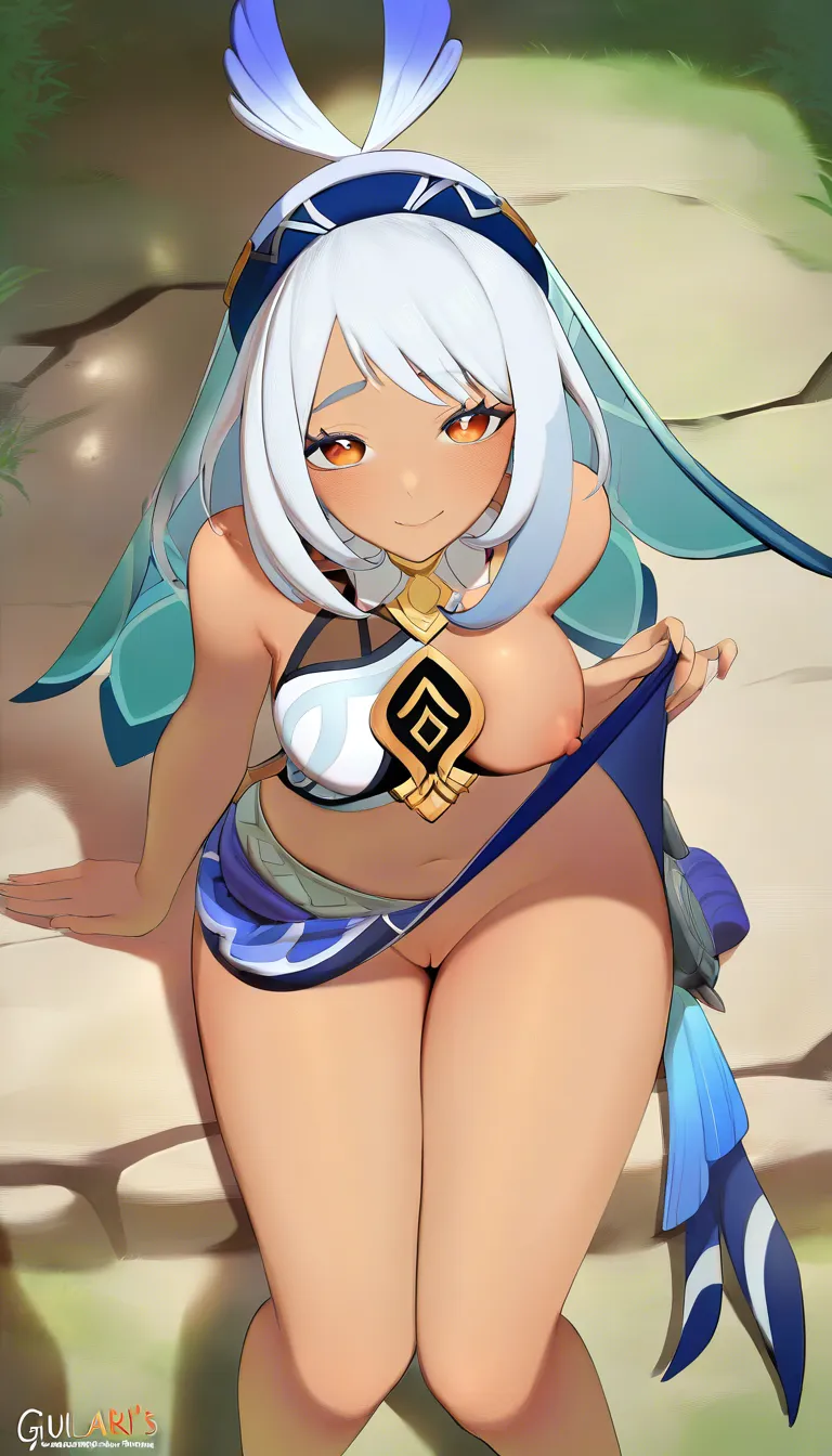 Masterpiece, 1girl, Mualani character from genshin impact, outfit, Guider smile, looking at viewer she touch small_breasts, Mualani's skirt, Pussy, Lift skirt, sitting, from above, thighs together, lightweight body, .,,, value:0.1 for: hentai_studio_quality.,,,,,,,,, hentai_studio_quality