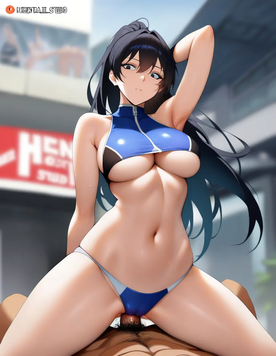 masterpiece, best quality, 1boy, underboob, swimsuit, anal sex, depth of field, dominant stare, manga panel look, hentai_studio_quality