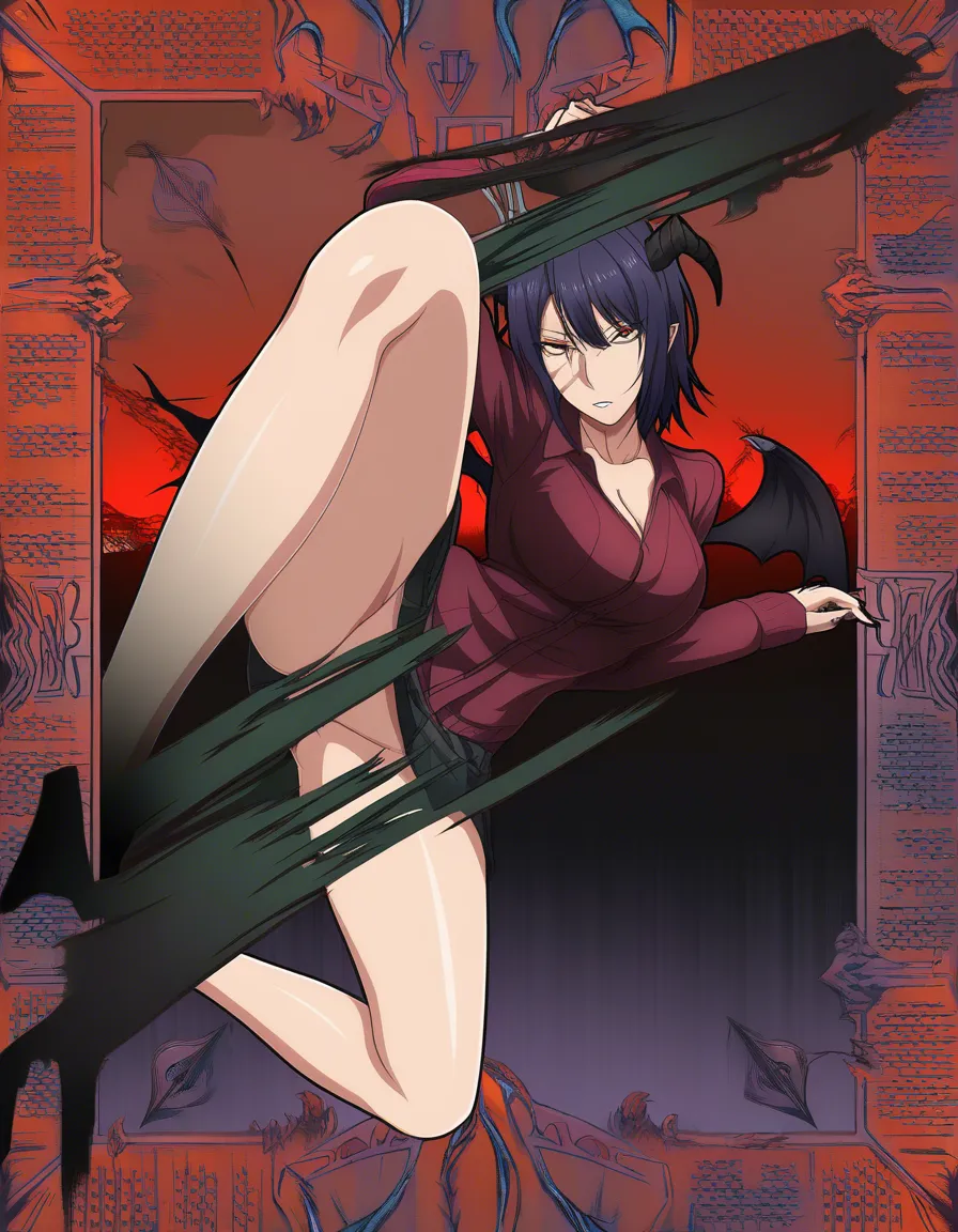 highres, vivid, demon girl, spread_legs , scar, medium hair, transparent background, doujin style, no_panties, hentai_studio_quality