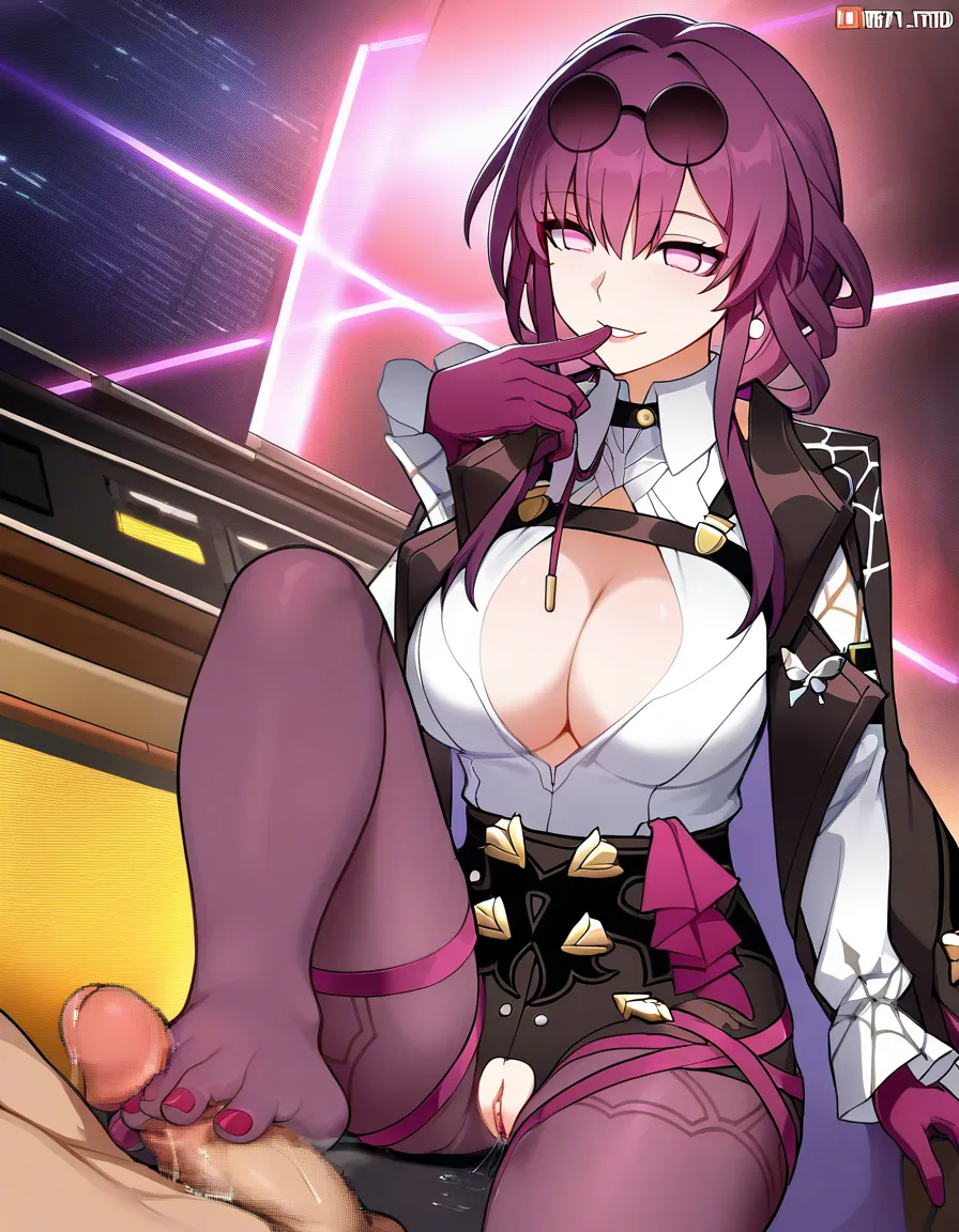ultra detailed, solo, @kafka_(honkai:_star_rail), feet, footjob, finger_to_mouth, toenail_polish, femdom, pussy, pussy_juice, pussy dripping, cleavage, eroge aesthetic,, hentai_studio_quality, hentai_studio_quality