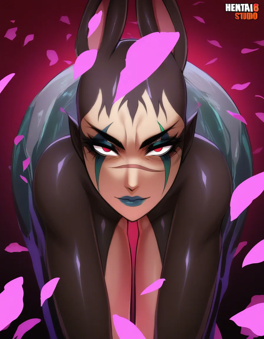 8k, sharp focus, detailed skin, bunny girl, bent over, scar, petals, dominant stare, film photography, hentai_studio_quality