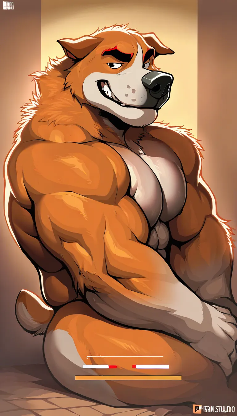 best quality, high quality, amazing quality, male, solo, anthro dog, buff, big and huge muscles, orange body/fur, thick arms, short tail, black eyes, thick red eyebrows, short ears, gray muzzle, black nose, grinning, wide grin, happy, orange belly, orange breast, tusks, angry, green beanie with red "D", bulldog, nipples, navel, naked, penis, humanoid feet, 5 toes, swimming underwater