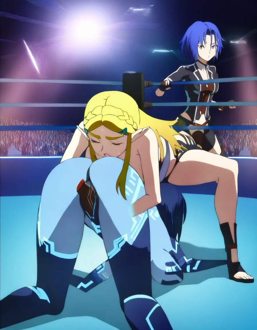 cortana_(halo)-blue , @princess_zelda , yuri sex, wrestling_ring wrestling , defeated , strap-on vaginal doggystyle bent_over,,, (anime style:1.3), 2d, anime screencap, cel shading, flat color, @00osamio00