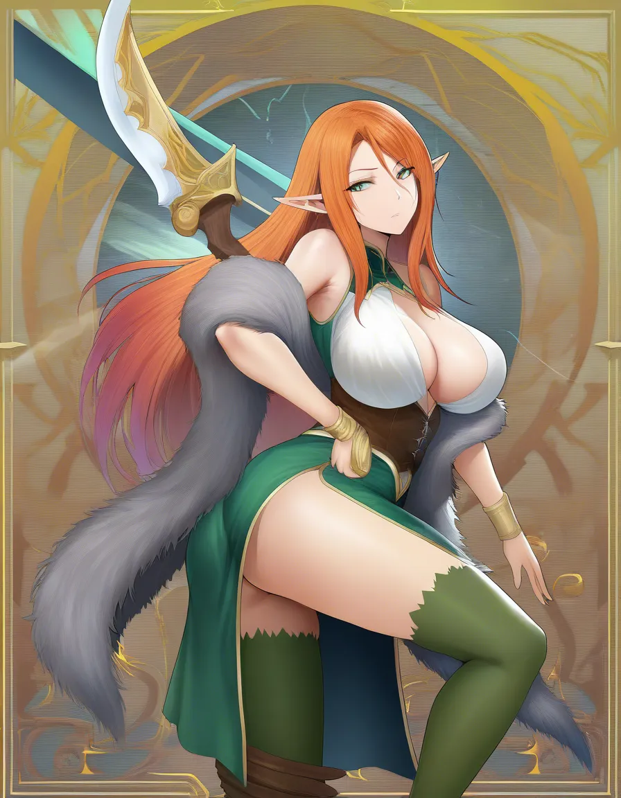 #1girl #long_hair #large_breasts #elf fur_trim  shawl  fur miniskirt, hentai_studio_quality