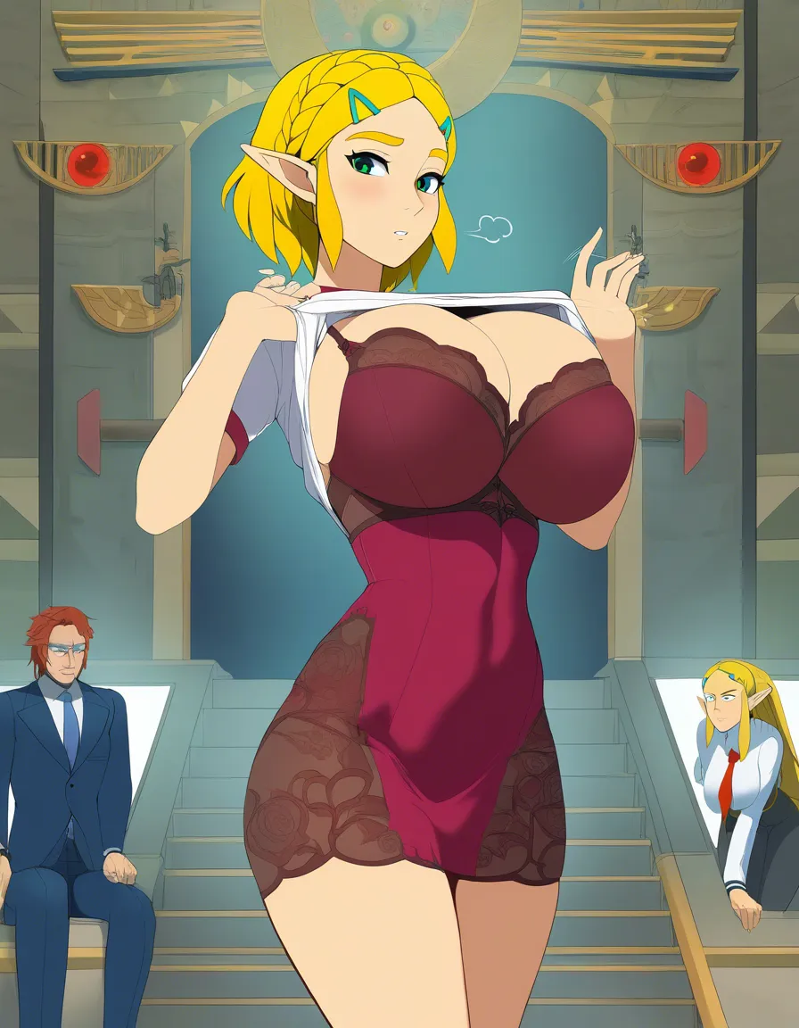 (@princess_zelda, giant breasts, trieng on clothes, gym_shirt , dress, suit, lingerie ), hentai_studio_quality