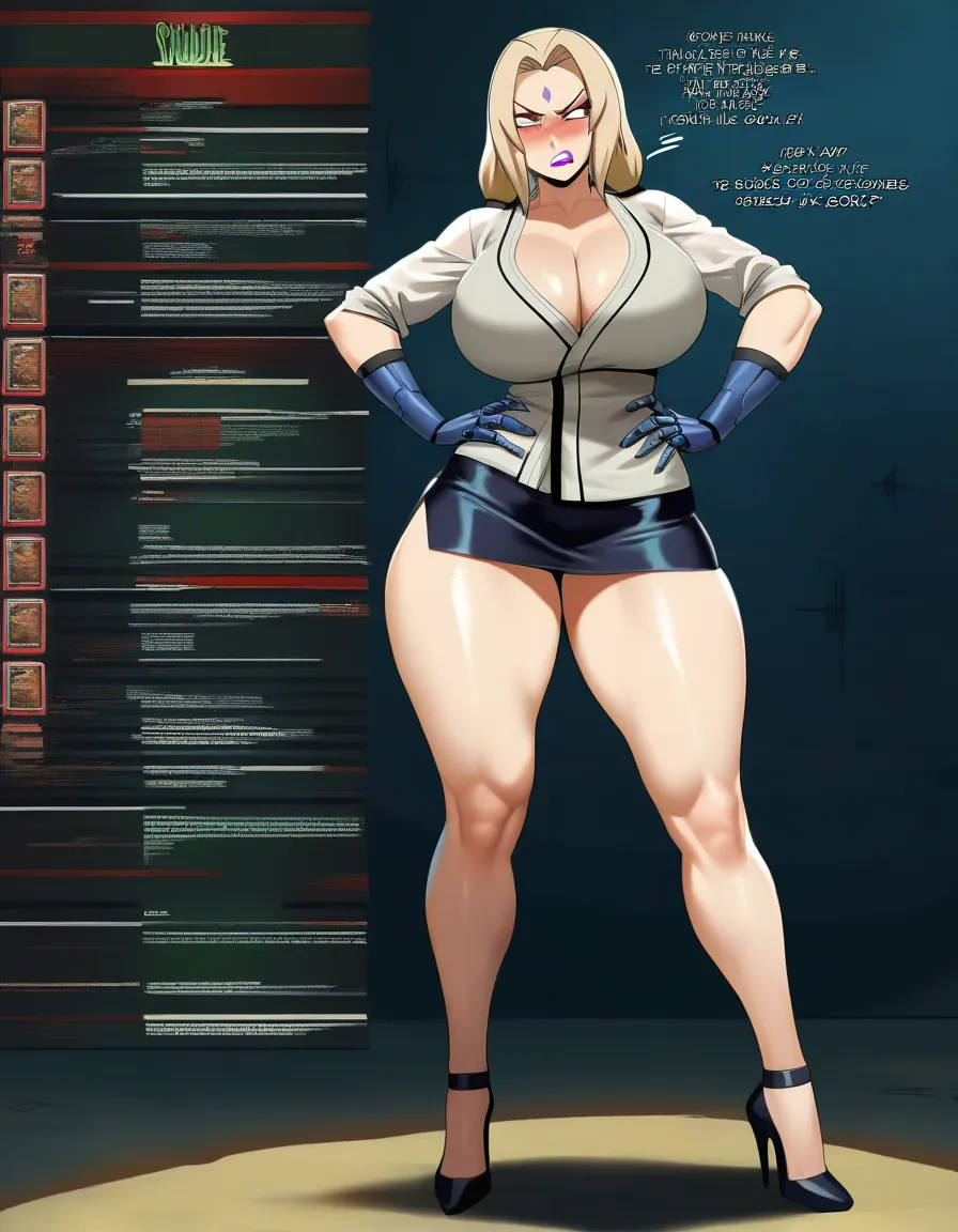 @tsunade_(naruto) ,mechanical arms and legs, woman (long fringe black_hair, FRINGE, purple makeup, white shirt, black leather miniskirt, high heels, huge_breasts, thick_thighs, standing up, purple eyes, hands_on_own_hips, annoyed, talking), first person view, face to face. BREAK : in a office room, very realistic., hentai_studio_quality, hentai_studio_quality, #topless, hentai_studio_quality